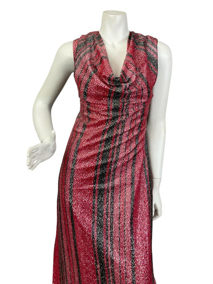 VTG 60S 70S RED BLACK GLITTERING LUREX COWL NECK SHIFT PARTY MAXI DRESS 14