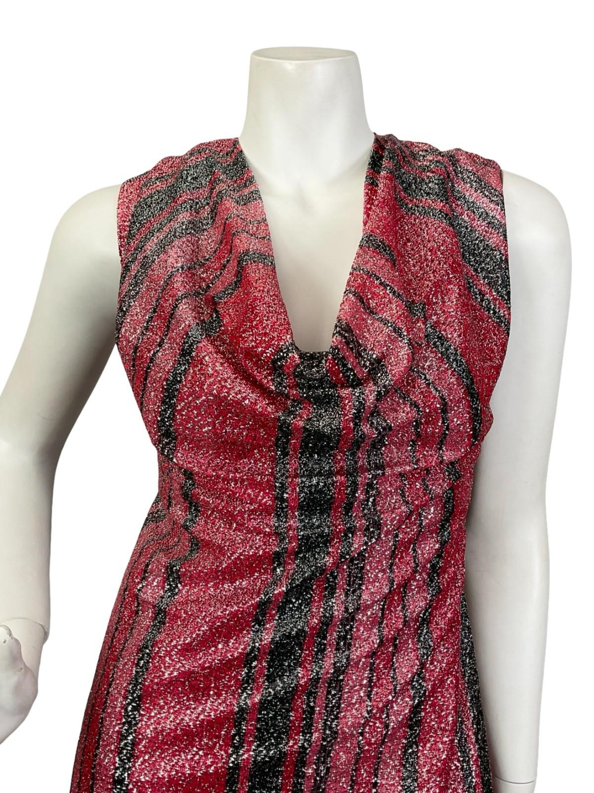 VTG 60S 70S RED BLACK GLITTERING LUREX COWL NECK SHIFT PARTY MAXI DRESS 14