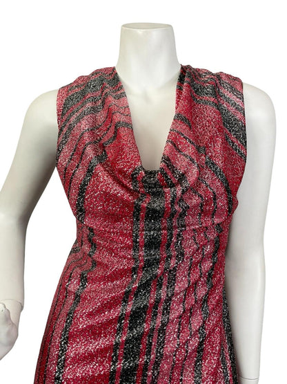 VTG 60S 70S RED BLACK GLITTERING LUREX COWL NECK SHIFT PARTY MAXI DRESS 14