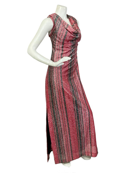 VTG 60S 70S RED BLACK GLITTERING LUREX COWL NECK SHIFT PARTY MAXI DRESS 14