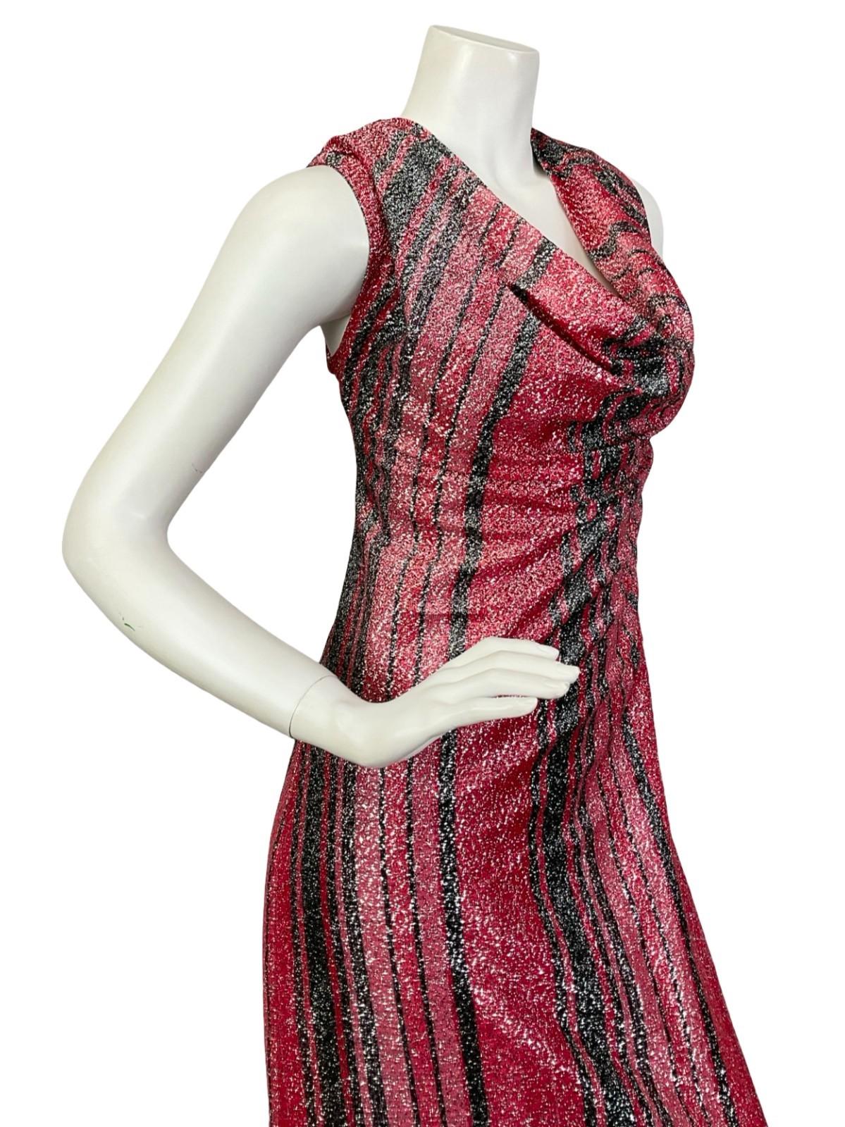 VTG 60S 70S RED BLACK GLITTERING LUREX COWL NECK SHIFT PARTY MAXI DRESS 14