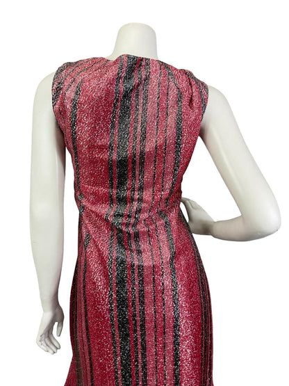 VTG 60S 70S RED BLACK GLITTERING LUREX COWL NECK SHIFT PARTY MAXI DRESS 14