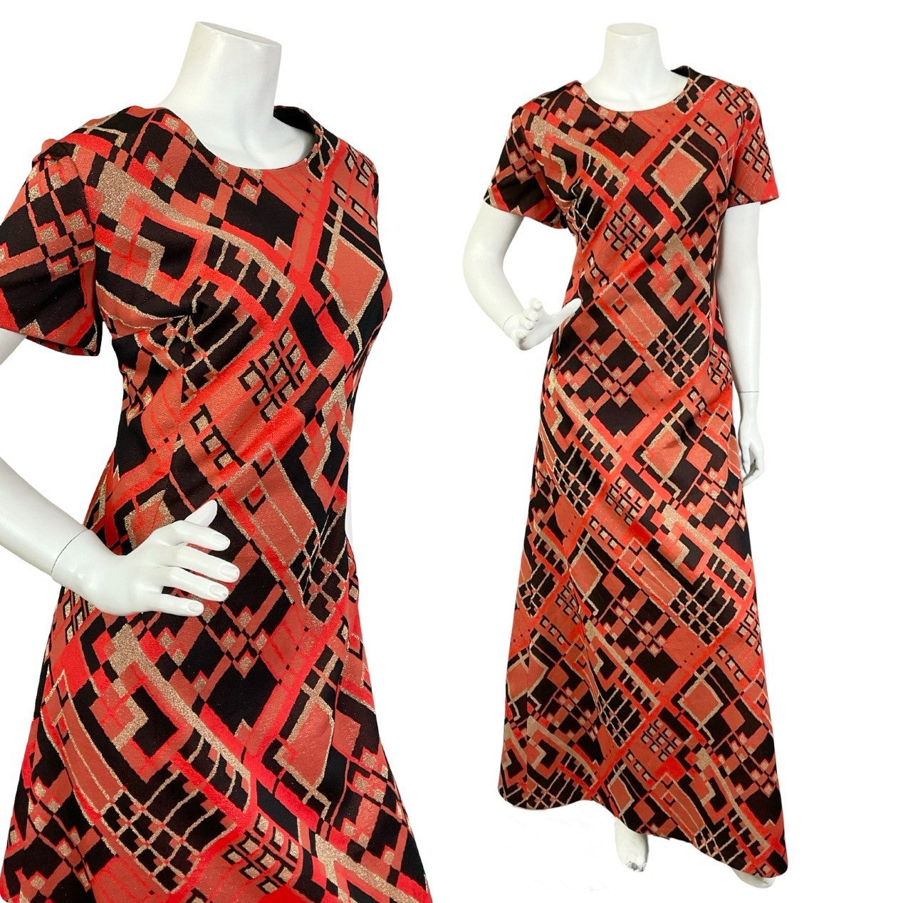 Mannequin wears a black, red and gold geometric lurex short sleeve maxi dress. 