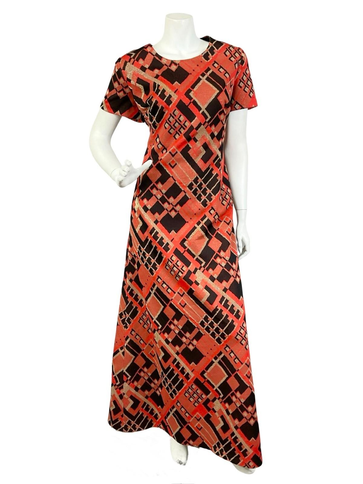 VTG 60S 70S RED BLACK GOLD GEOMETRIC SQUARE SHIFT PARTY MAXI DRESS 16