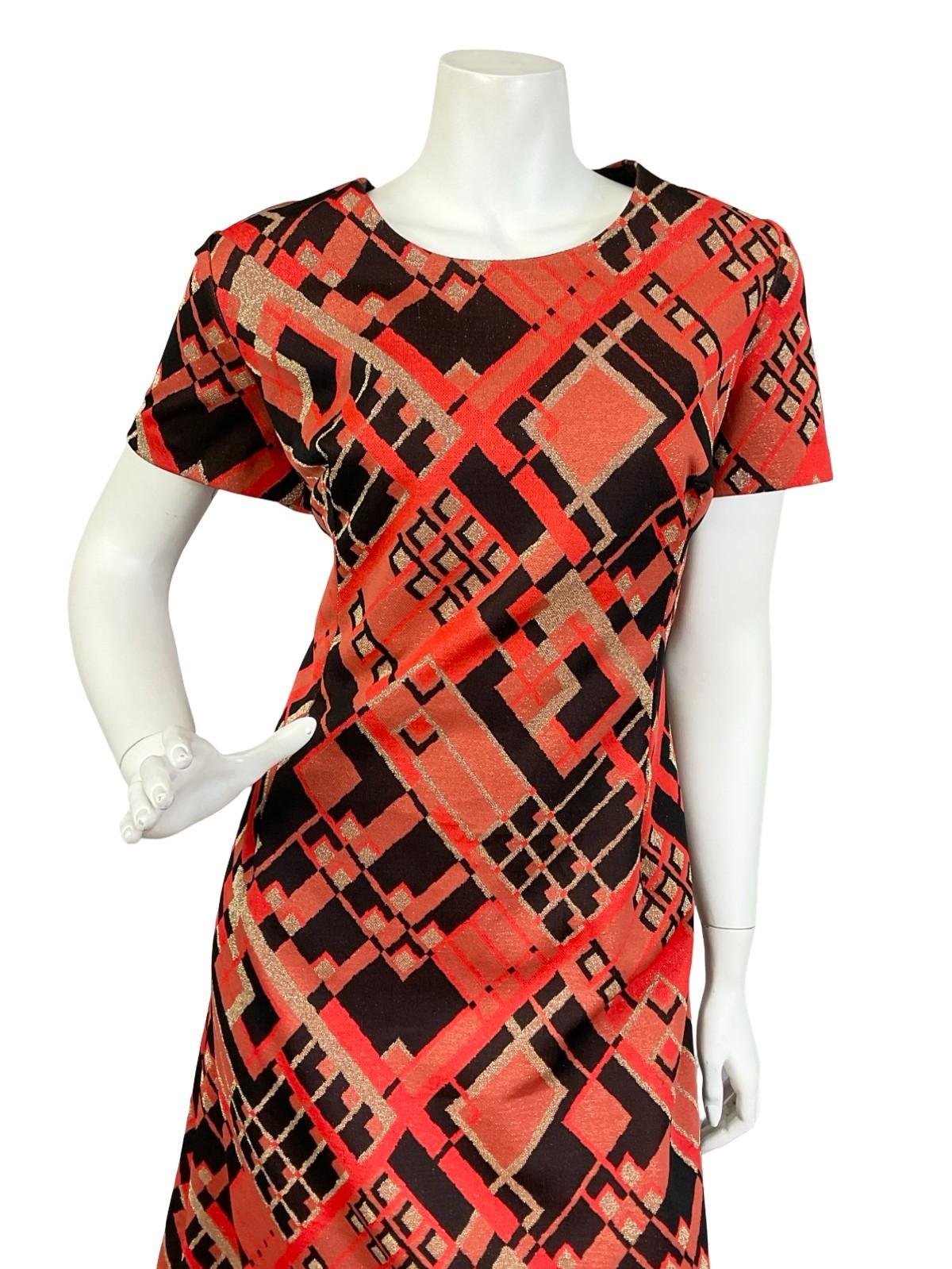 VTG 60S 70S RED BLACK GOLD GEOMETRIC SQUARE SHIFT PARTY MAXI DRESS 16