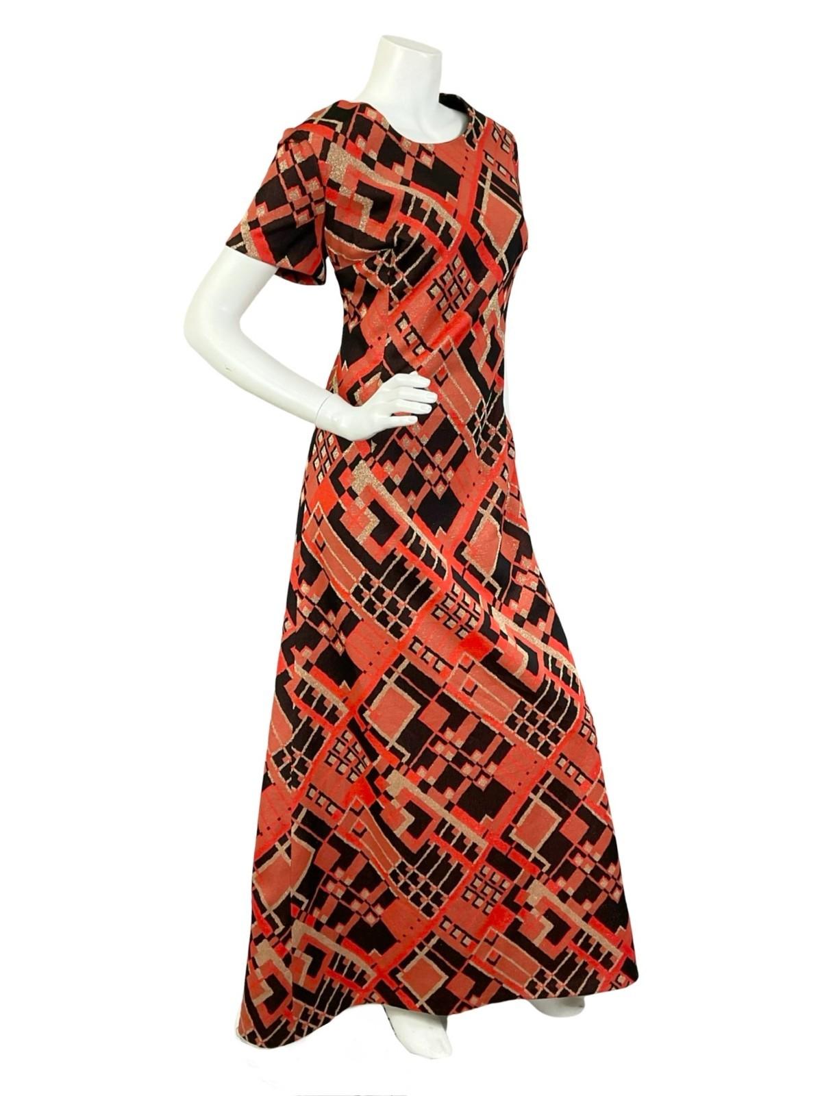 VTG 60S 70S RED BLACK GOLD GEOMETRIC SQUARE SHIFT PARTY MAXI DRESS 16