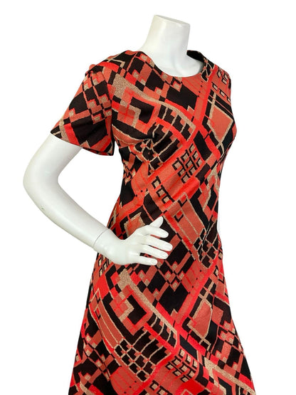 VTG 60S 70S RED BLACK GOLD GEOMETRIC SQUARE SHIFT PARTY MAXI DRESS 16