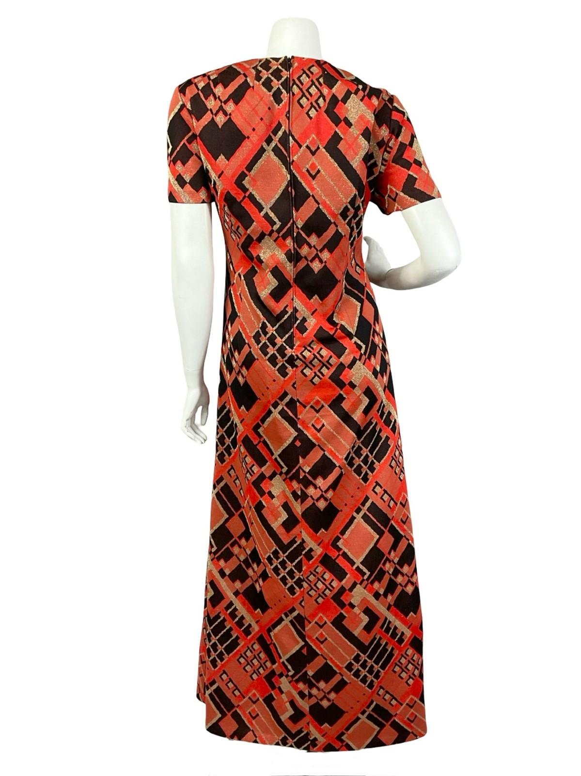VTG 60S 70S RED BLACK GOLD GEOMETRIC SQUARE SHIFT PARTY MAXI DRESS 16