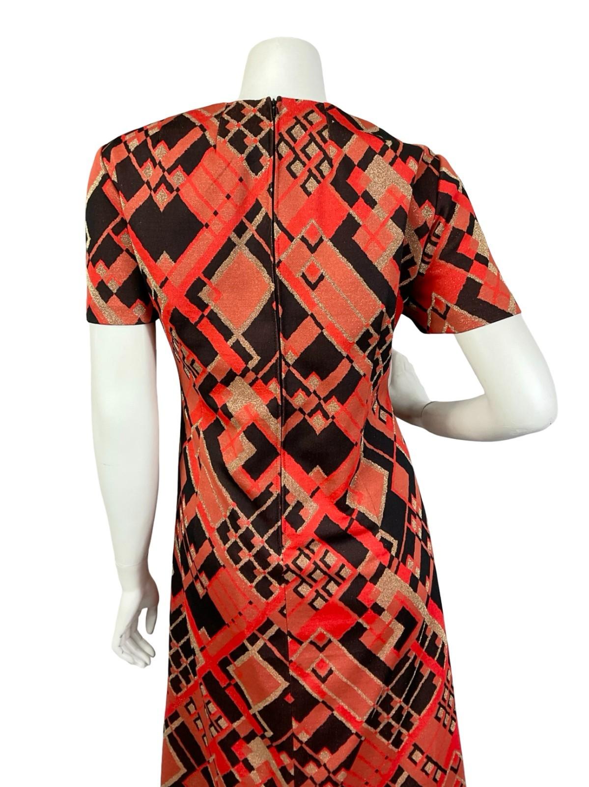 VTG 60S 70S RED BLACK GOLD GEOMETRIC SQUARE SHIFT PARTY MAXI DRESS 16