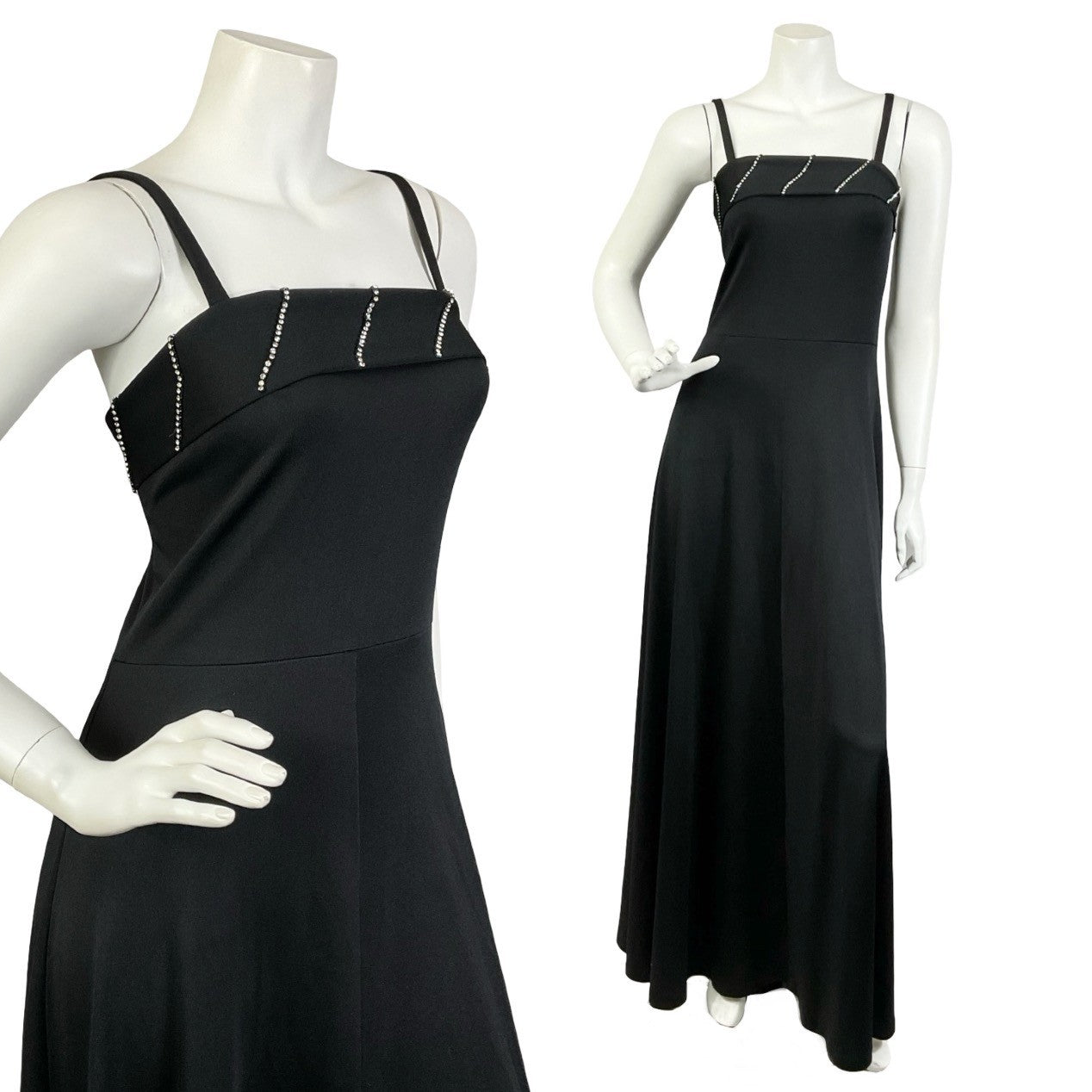 Mannequin wears a vintage 60s 70s all-black strappy maxi dress with a diagonal diamanté stripe at the neckline. 