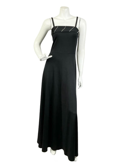 VTG 60S 70S BLACK DIAMANTE STRAPPY MONOCHROME DISCO PARTY MAXI DRESS 8 S
