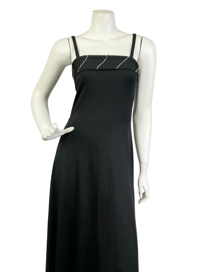 VTG 60S 70S BLACK DIAMANTE STRAPPY MONOCHROME DISCO PARTY MAXI DRESS 8 S