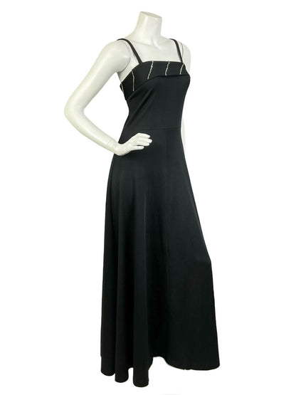 VTG 60S 70S BLACK DIAMANTE STRAPPY MONOCHROME DISCO PARTY MAXI DRESS 8 S