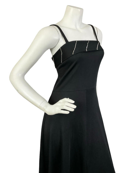 VTG 60S 70S BLACK DIAMANTE STRAPPY MONOCHROME DISCO PARTY MAXI DRESS 8 S