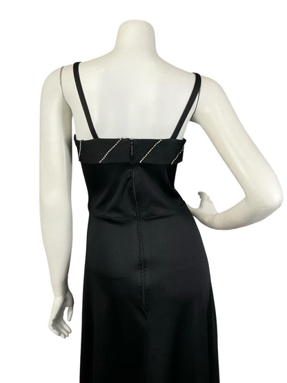 VTG 60S 70S BLACK DIAMANTE STRAPPY MONOCHROME DISCO PARTY MAXI DRESS 8 S