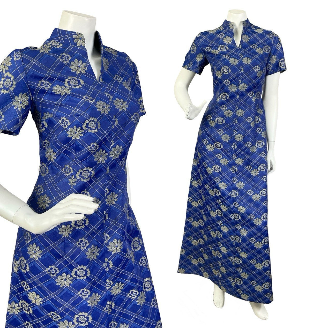 Mannequin wears a navy blue and gold floral mandarin collar maxi dress with short sleeves. 