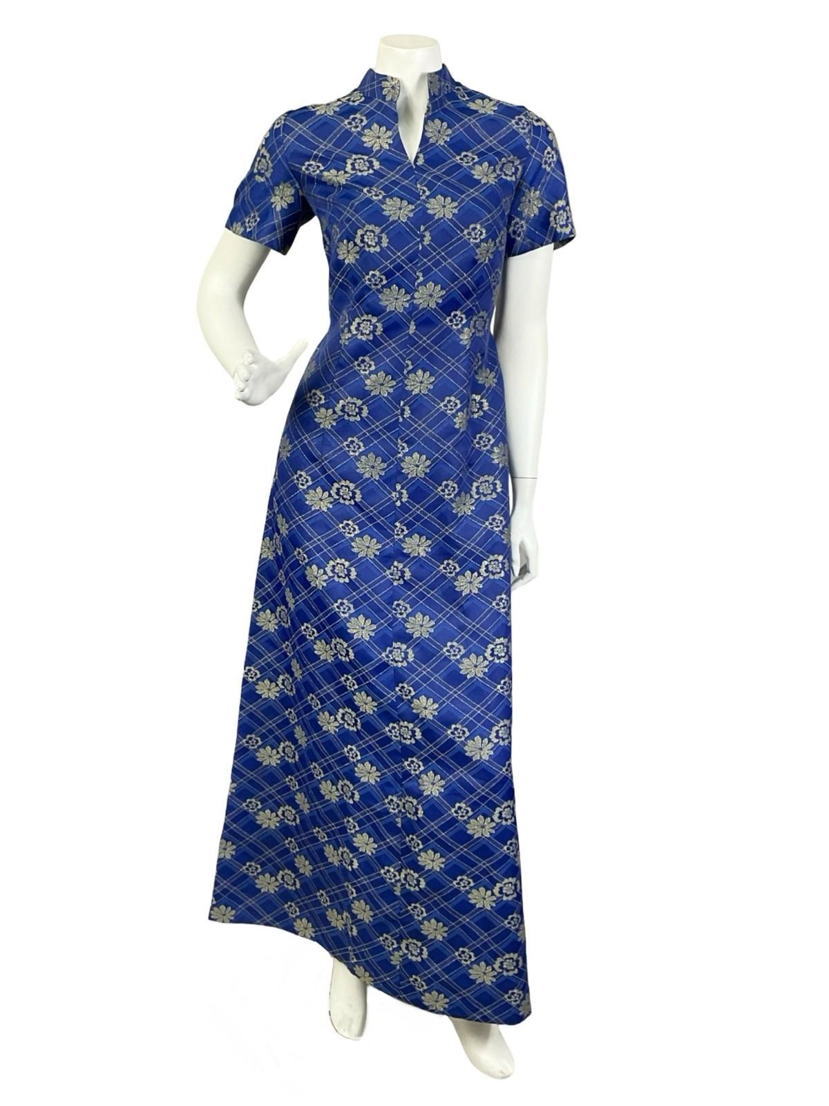VTG 60S 70S NAVY BLUE GOLD PLAID FLORAL LUREX MANDARIN PARTY MAXI DRESS 10