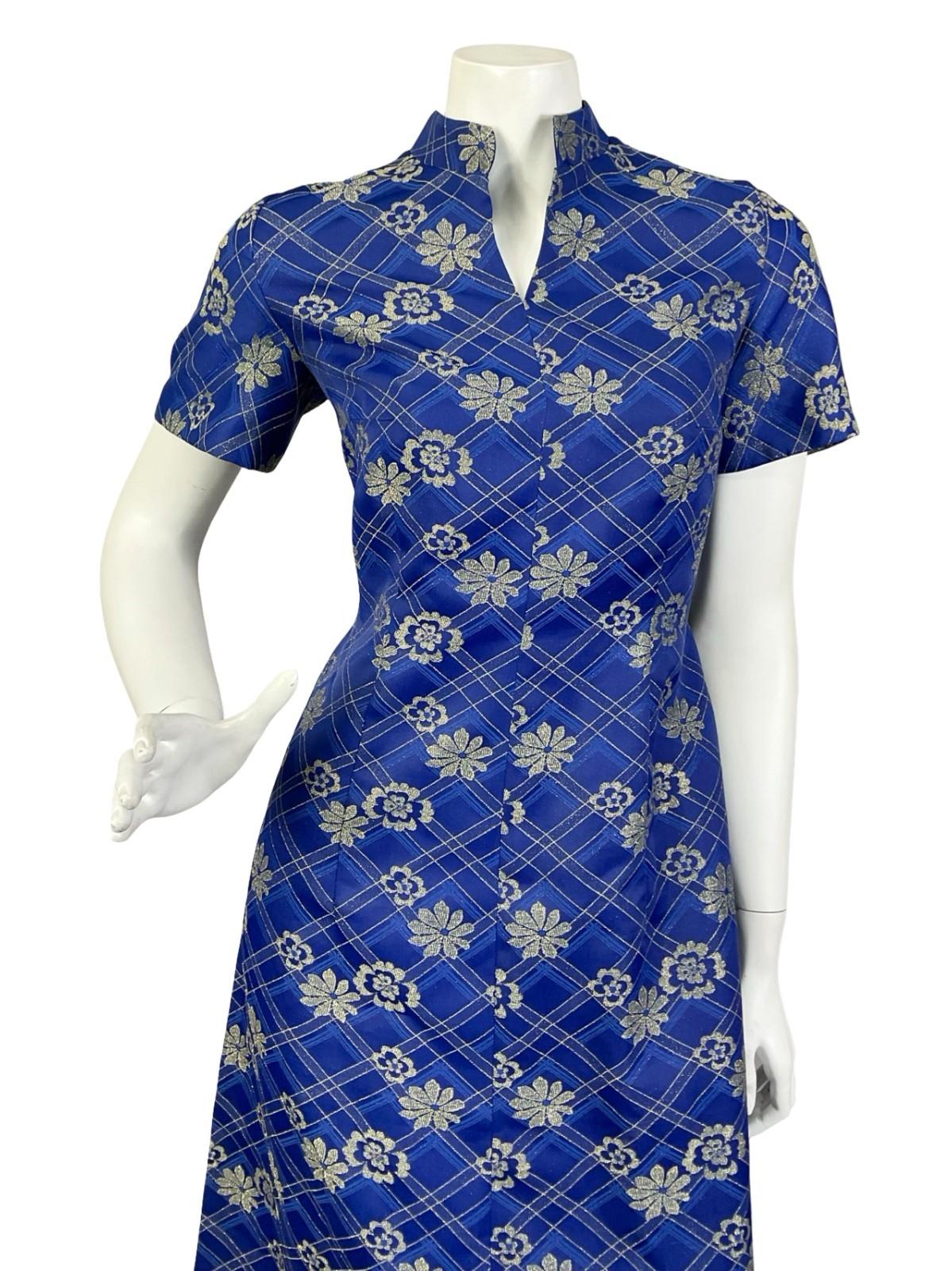 VTG 60S 70S NAVY BLUE GOLD PLAID FLORAL LUREX MANDARIN PARTY MAXI DRESS 10