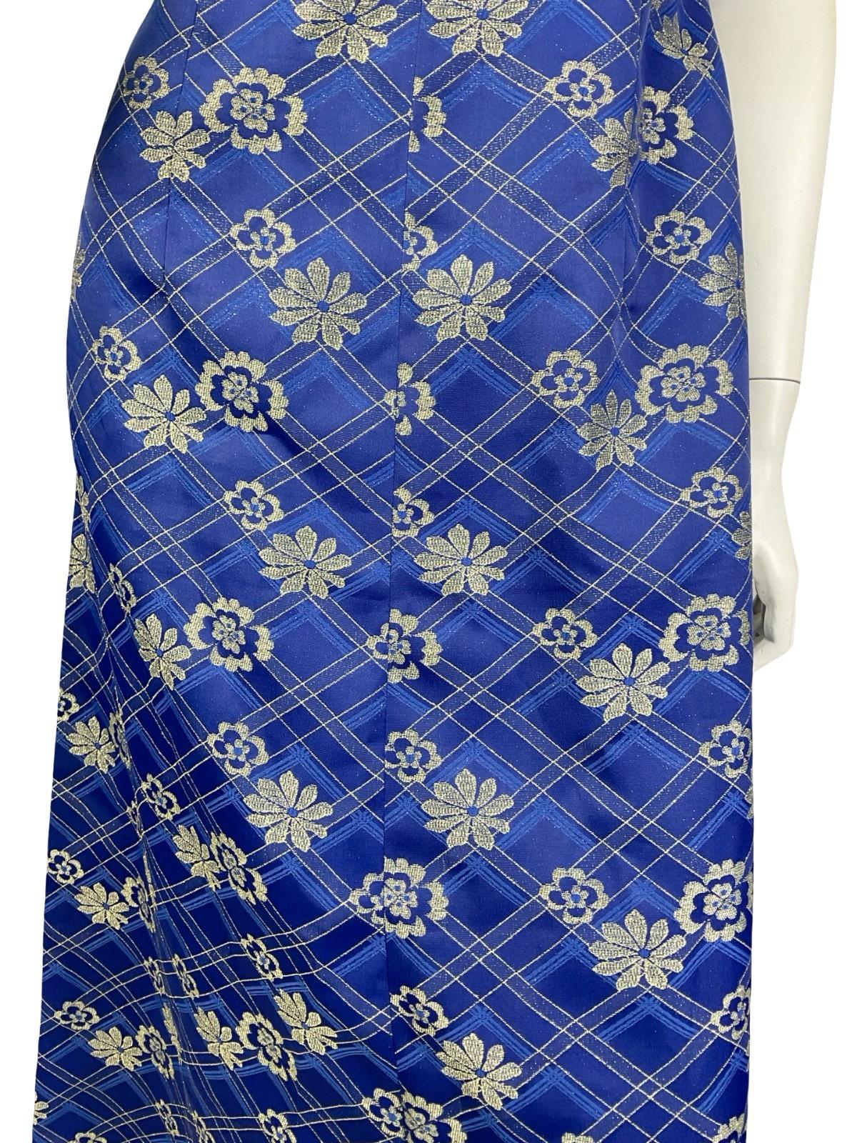 VTG 60S 70S NAVY BLUE GOLD PLAID FLORAL LUREX MANDARIN PARTY MAXI DRESS 10