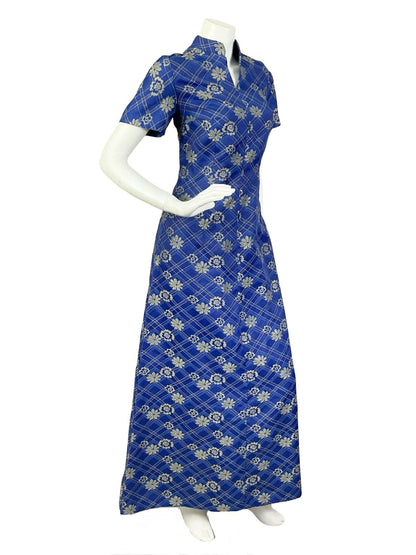 VTG 60S 70S NAVY BLUE GOLD PLAID FLORAL LUREX MANDARIN PARTY MAXI DRESS 10
