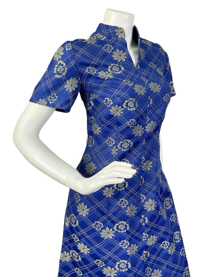VTG 60S 70S NAVY BLUE GOLD PLAID FLORAL LUREX MANDARIN PARTY MAXI DRESS 10