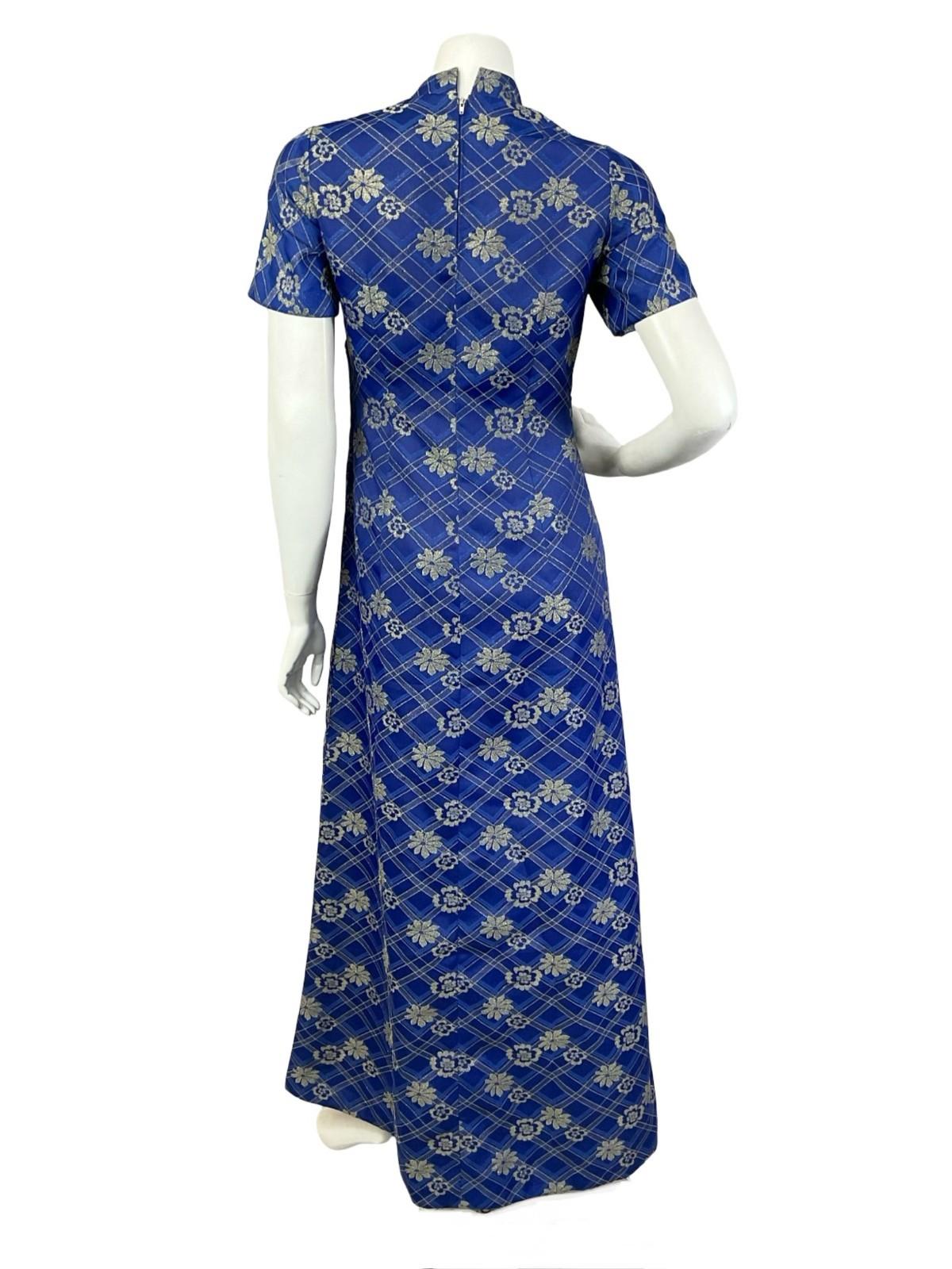 VTG 60S 70S NAVY BLUE GOLD PLAID FLORAL LUREX MANDARIN PARTY MAXI DRESS 10