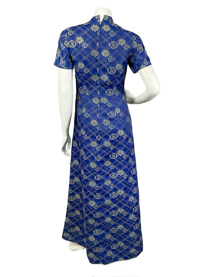 VTG 60S 70S NAVY BLUE GOLD PLAID FLORAL LUREX MANDARIN PARTY MAXI DRESS 10
