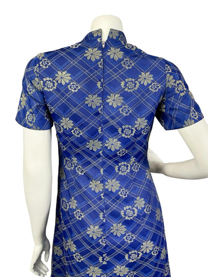 VTG 60S 70S NAVY BLUE GOLD PLAID FLORAL LUREX MANDARIN PARTY MAXI DRESS 10