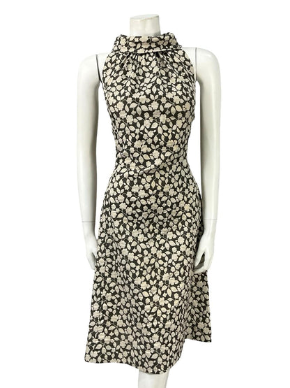 VTG 60S 70S BLACK GOLD MOD FLORAL LUREX GLITTERY FUNNEL PARTY DRESS 8 10 S
