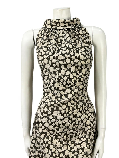 VTG 60S 70S BLACK GOLD MOD FLORAL LUREX GLITTERY FUNNEL PARTY DRESS 8 10 S