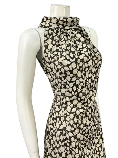 VTG 60S 70S BLACK GOLD MOD FLORAL LUREX GLITTERY FUNNEL PARTY DRESS 8 10 S