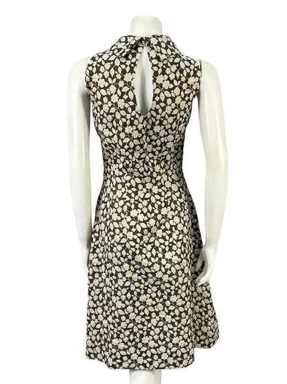 VTG 60S 70S BLACK GOLD MOD FLORAL LUREX GLITTERY FUNNEL PARTY DRESS 8 10 S