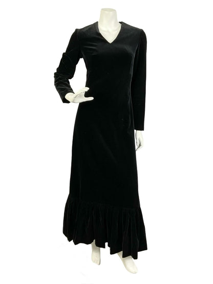 VTG 60S 70S BLACK VELVET V NECK RUFFLED HEM MONOCHROME MAXI DRESS 8