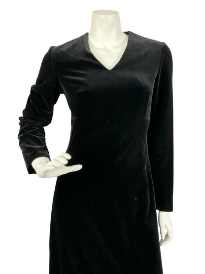 VTG 60S 70S BLACK VELVET V NECK RUFFLED HEM MONOCHROME MAXI DRESS 8
