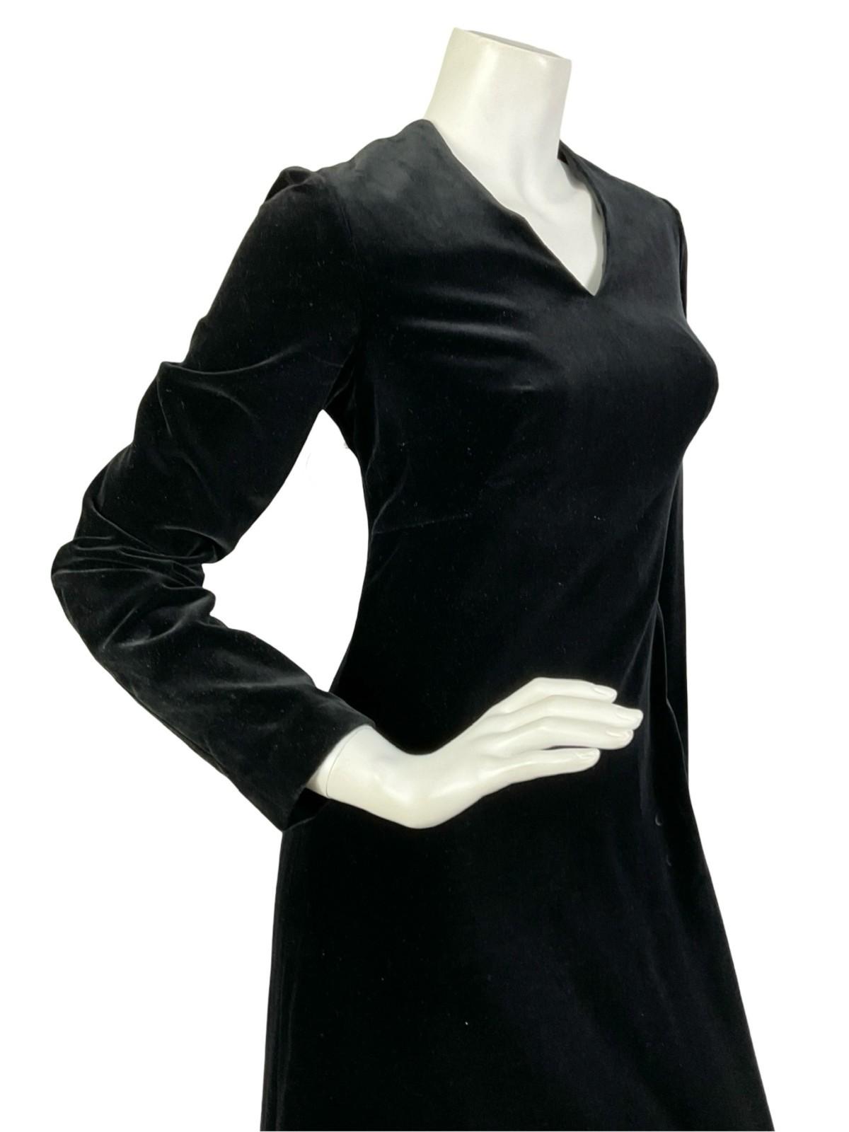 VTG 60S 70S BLACK VELVET V NECK RUFFLED HEM MONOCHROME MAXI DRESS 8