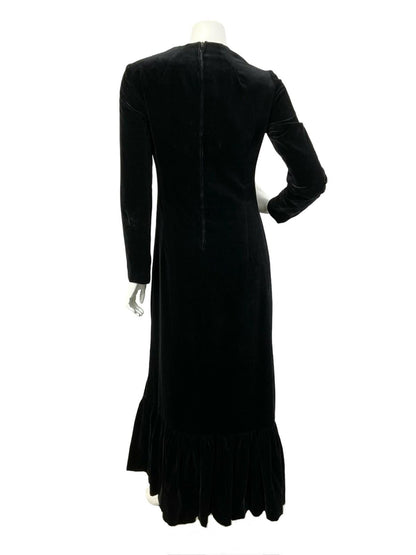 VTG 60S 70S BLACK VELVET V NECK RUFFLED HEM MONOCHROME MAXI DRESS 8