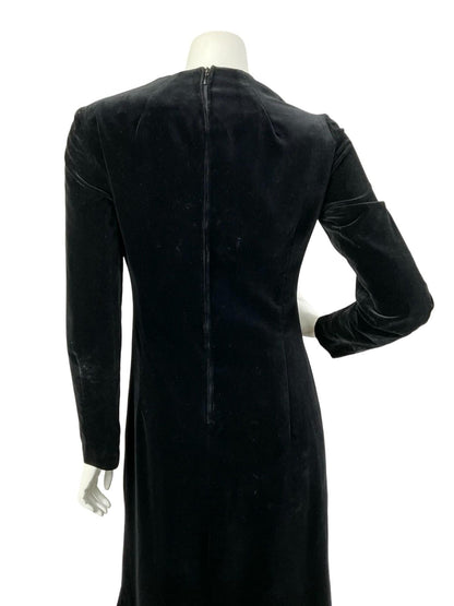 VTG 60S 70S BLACK VELVET V NECK RUFFLED HEM MONOCHROME MAXI DRESS 8