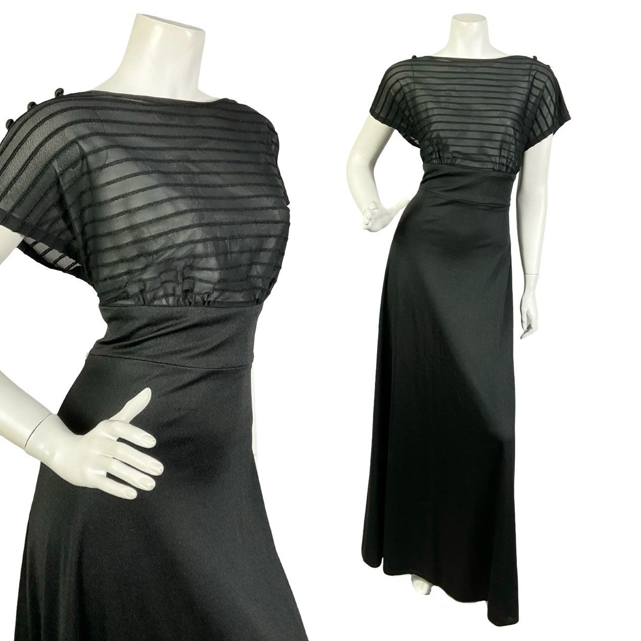 Mannequin wears a black long sleeveless maxi dress made from black velvet, with a striped mesh bodice.