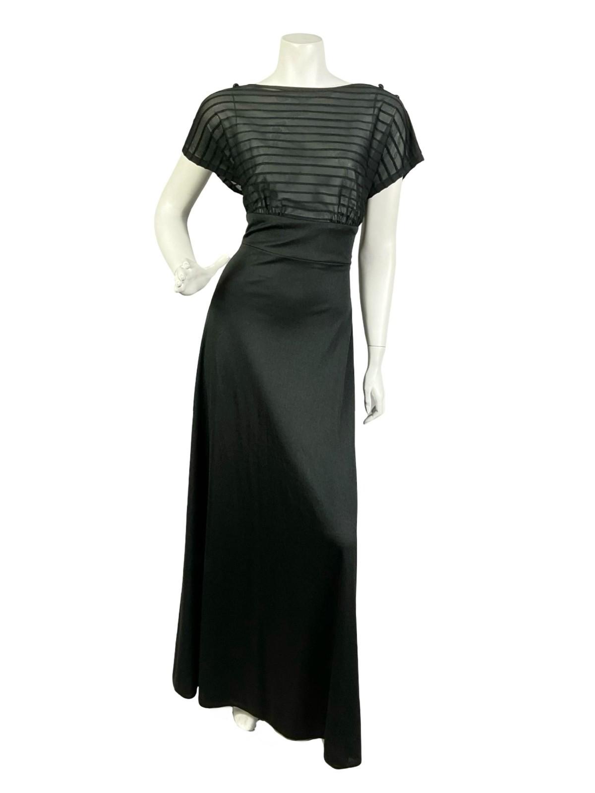 VTG 60S 70S BLACK MONOCHROME MOD EMPIRE STRIPED MESH BLOUSON MAXI DRESS 12