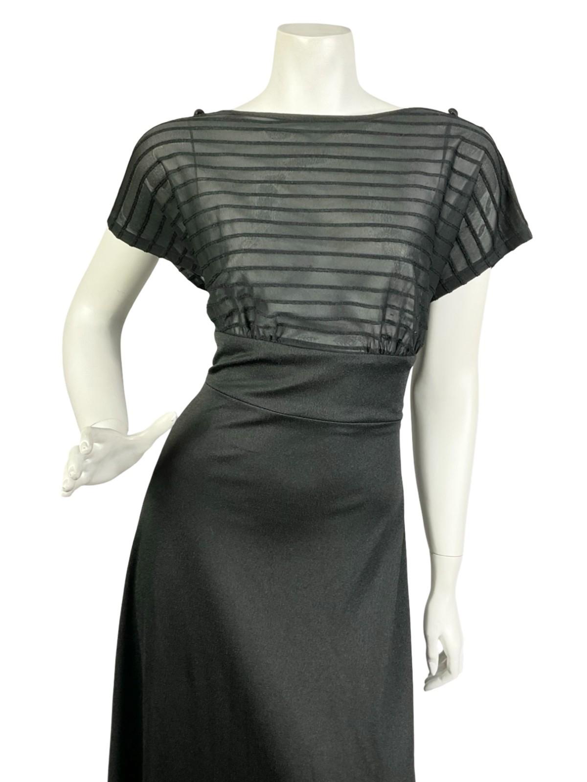 VTG 60S 70S BLACK MONOCHROME MOD EMPIRE STRIPED MESH BLOUSON MAXI DRESS 12