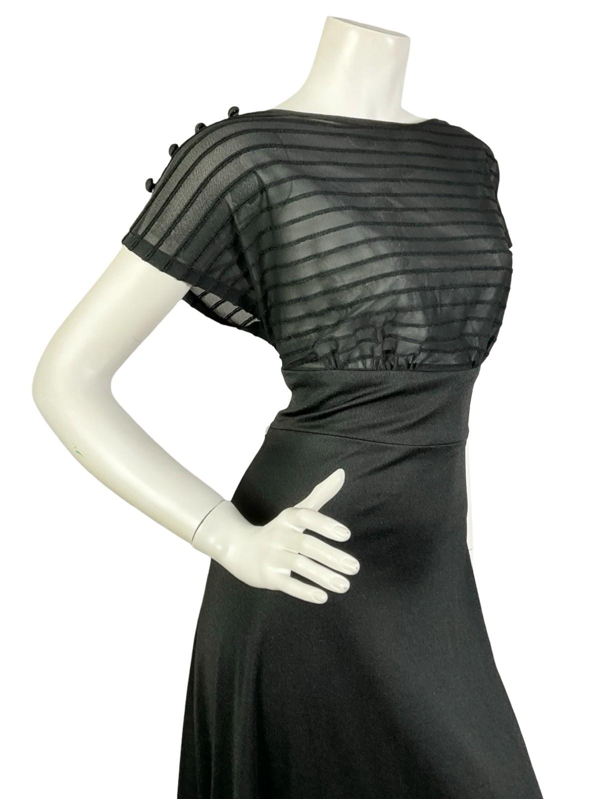 VTG 60S 70S BLACK MONOCHROME MOD EMPIRE STRIPED MESH BLOUSON MAXI DRESS 12