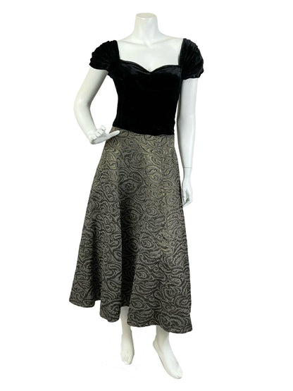 VTG 60S BLACK VELVET SWEETHEART BROWN BRONZE SWIRL SWING MAXI DRESS 10