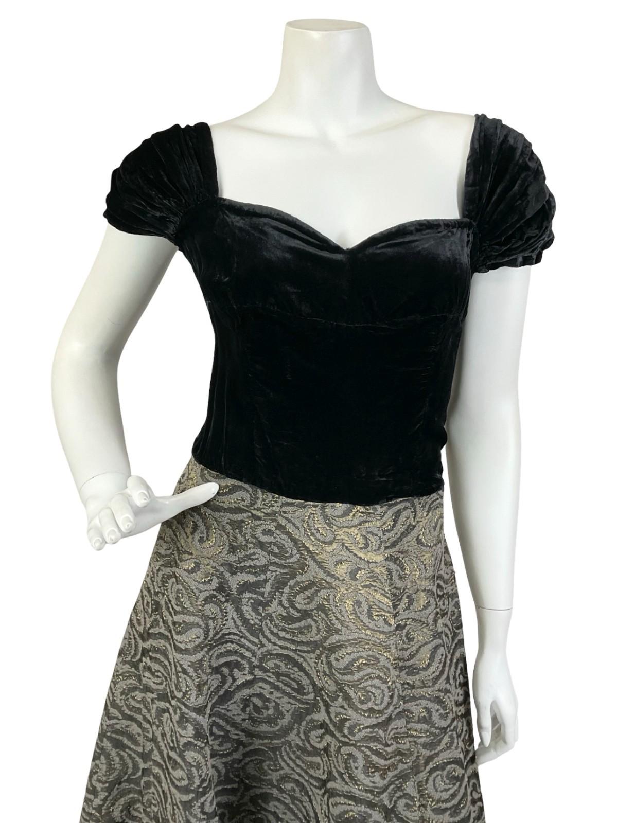 VTG 60S BLACK VELVET SWEETHEART BROWN BRONZE SWIRL SWING MAXI DRESS 10