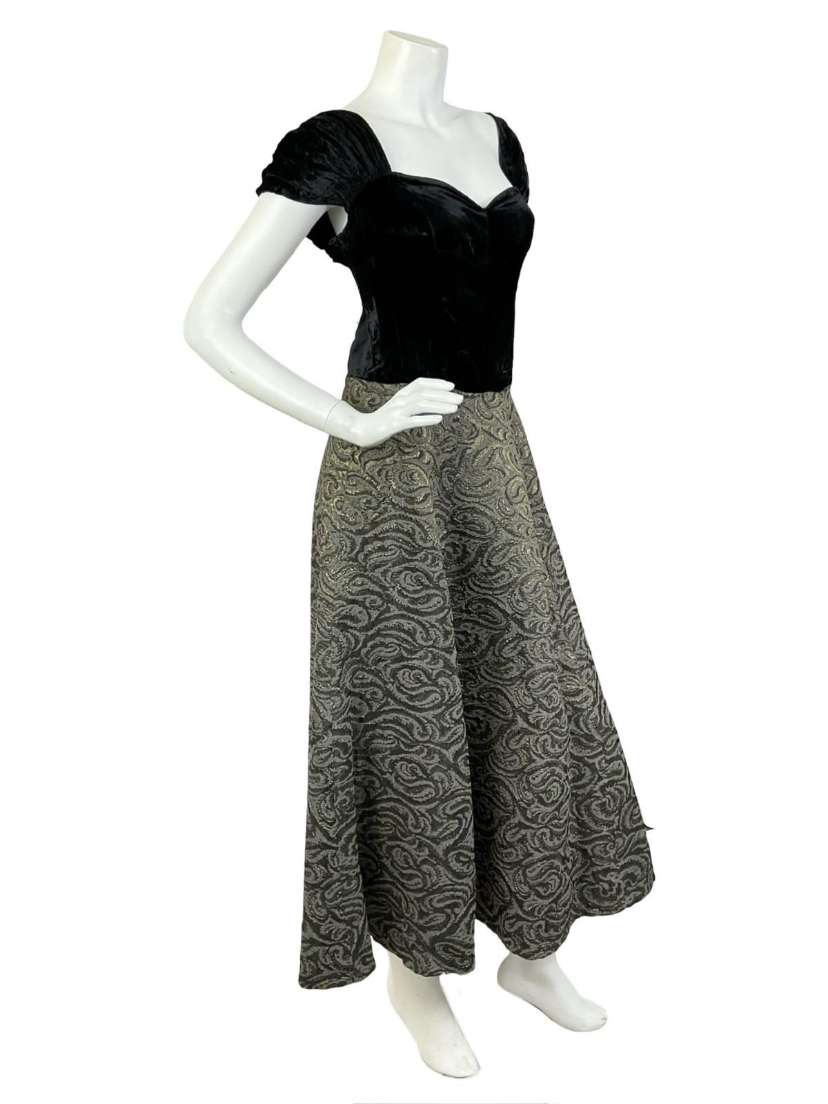 VTG 60S BLACK VELVET SWEETHEART BROWN BRONZE SWIRL SWING MAXI DRESS 10