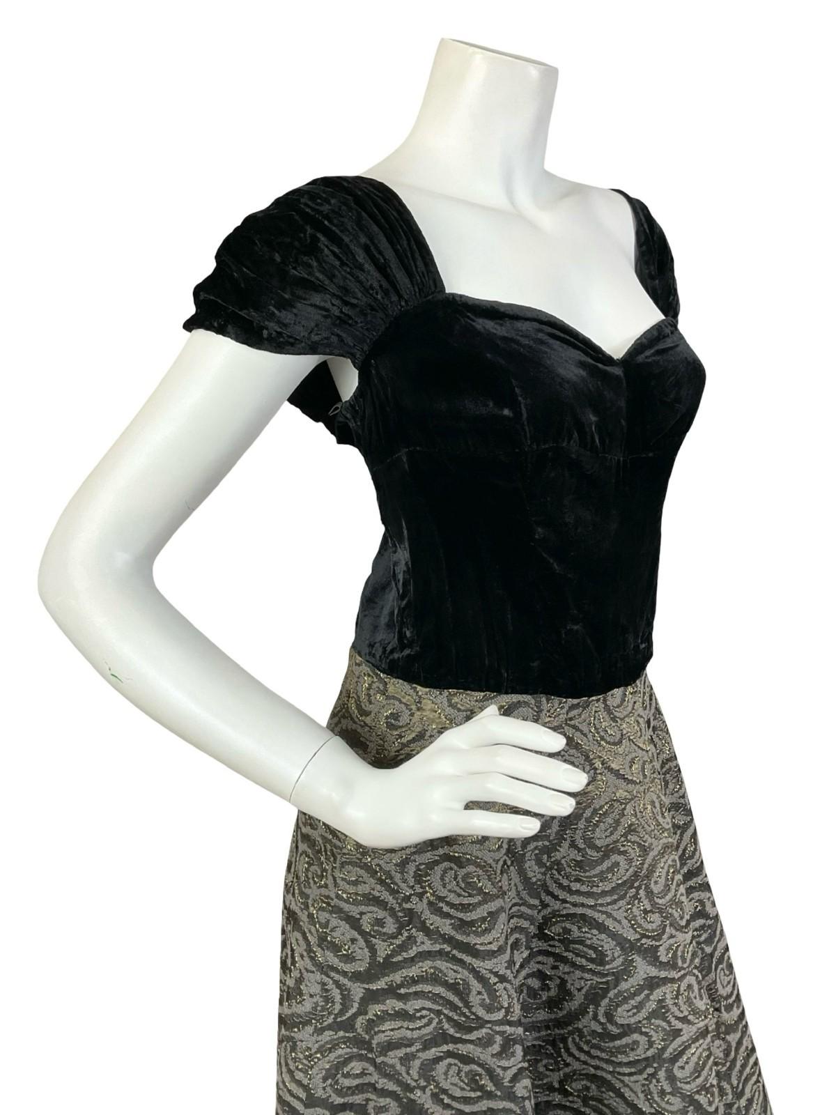 VTG 60S BLACK VELVET SWEETHEART BROWN BRONZE SWIRL SWING MAXI DRESS 10