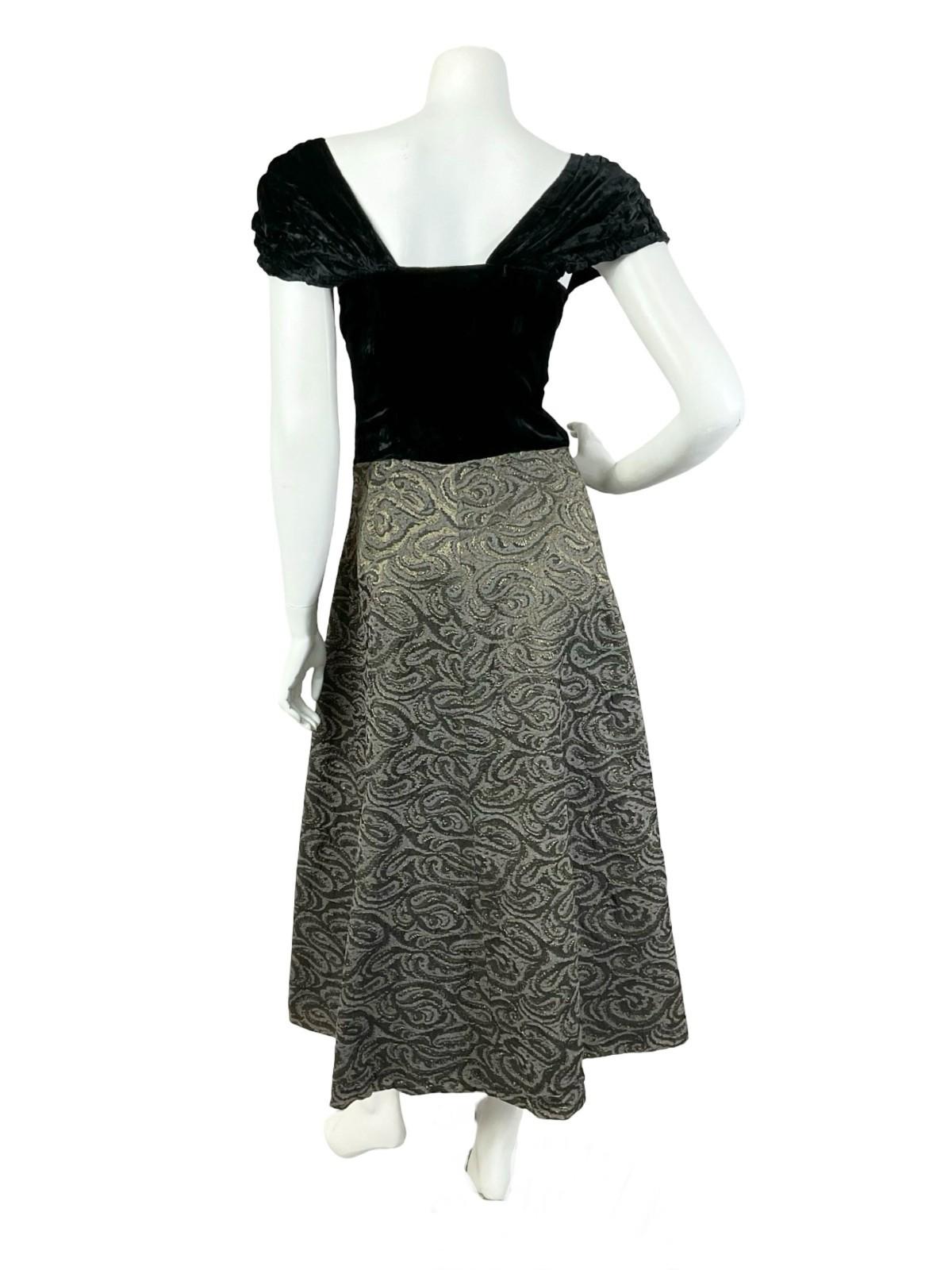 VTG 60S BLACK VELVET SWEETHEART BROWN BRONZE SWIRL SWING MAXI DRESS 10