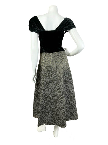 VTG 60S BLACK VELVET SWEETHEART BROWN BRONZE SWIRL SWING MAXI DRESS 10