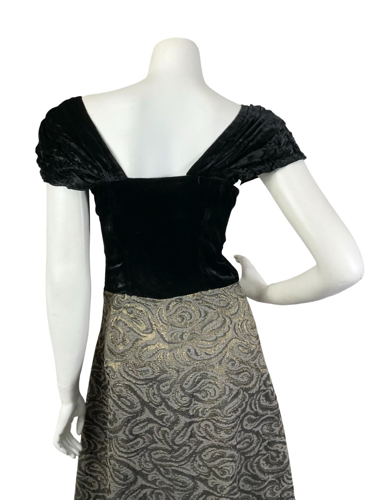 VTG 60S BLACK VELVET SWEETHEART BROWN BRONZE SWIRL SWING MAXI DRESS 10