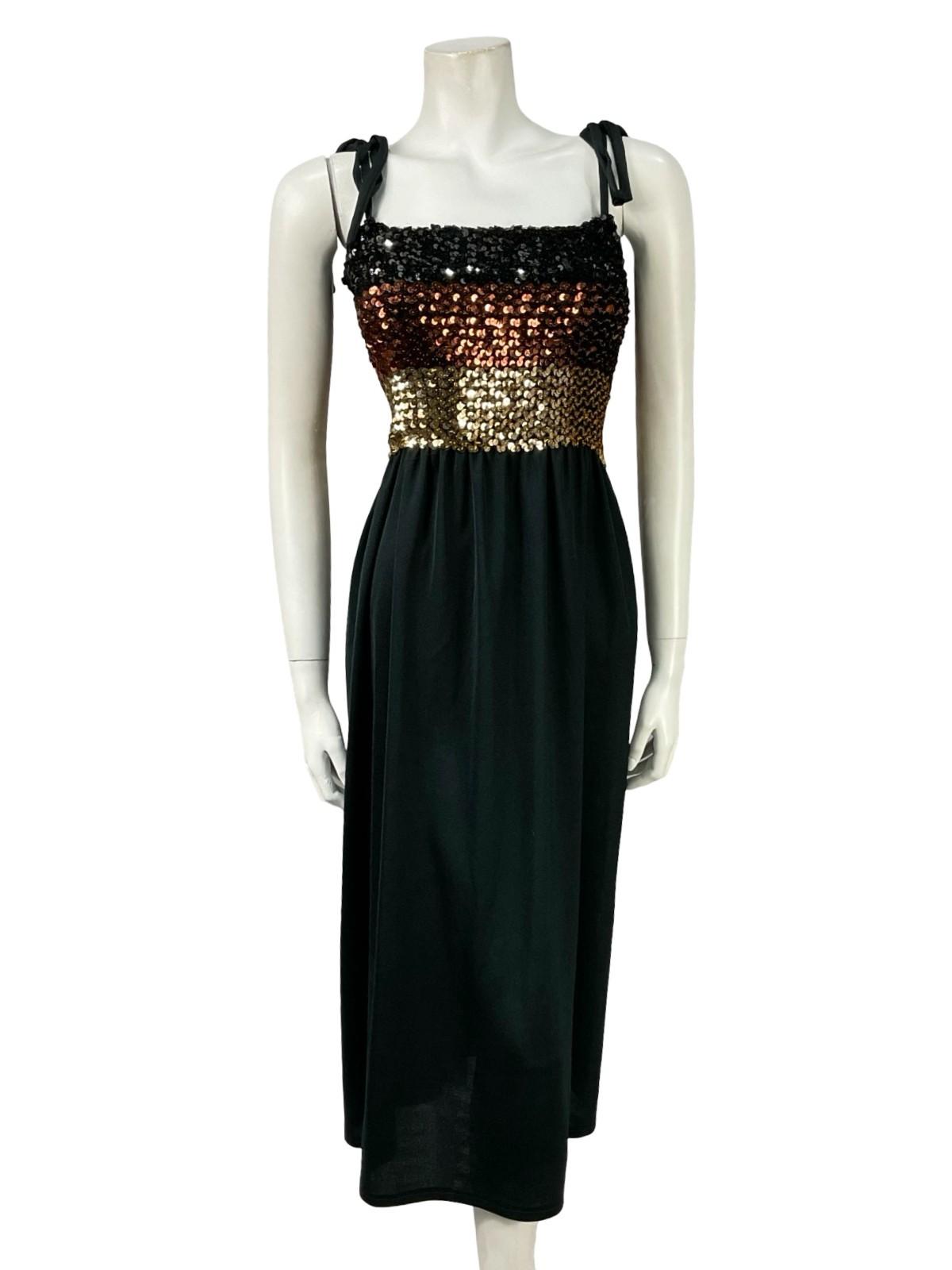 VTG 60S 70S BLACK GOLD BROWN STRIPE SEQUIN BANDEAU STRETCH DISCO PARTY DRESS 16