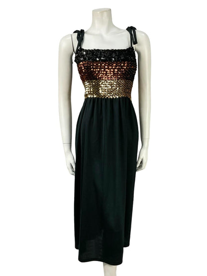 VTG 60S 70S BLACK GOLD BROWN STRIPE SEQUIN BANDEAU STRETCH DISCO PARTY DRESS 16